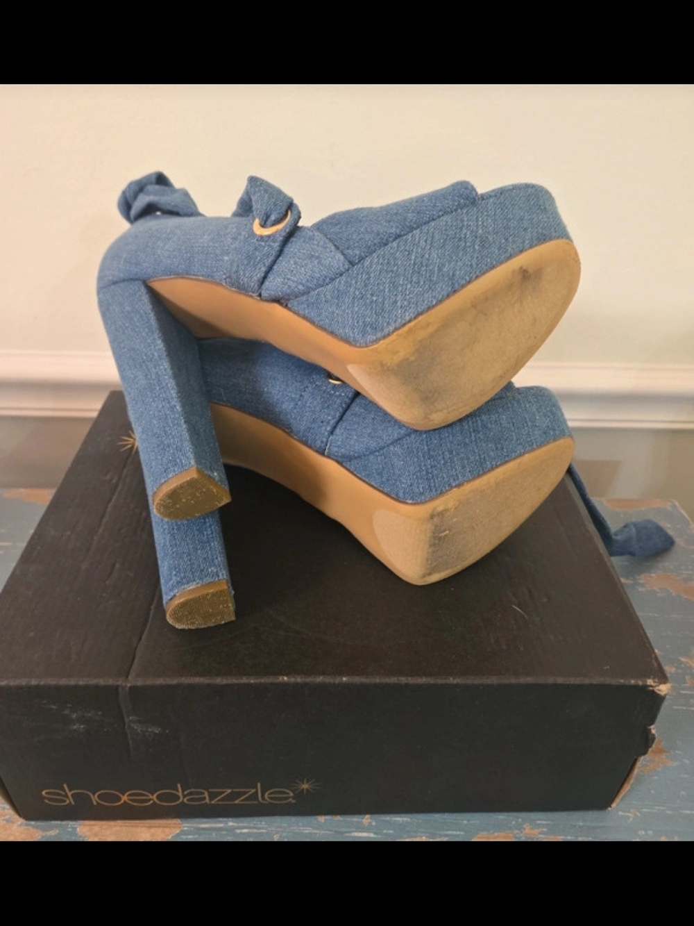 Shoe Dazzle Takkara Denim Crisscross Platform Heels with Ankle Wrap - Picture 5 of 6